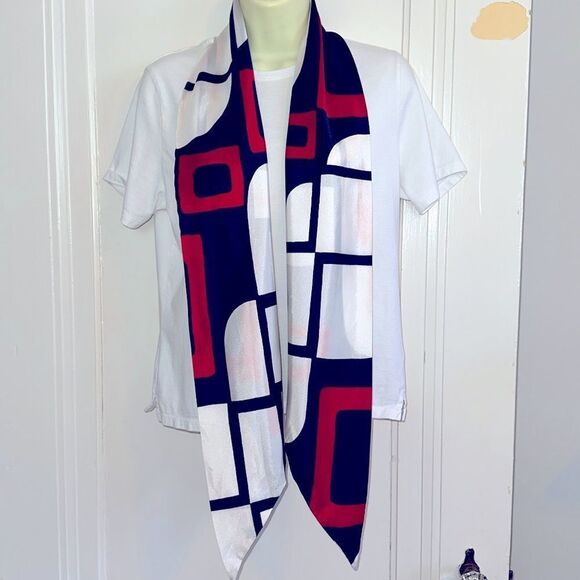 Vintage mid century mod red, white & blue long polyester scarf - Picture 2 of 9